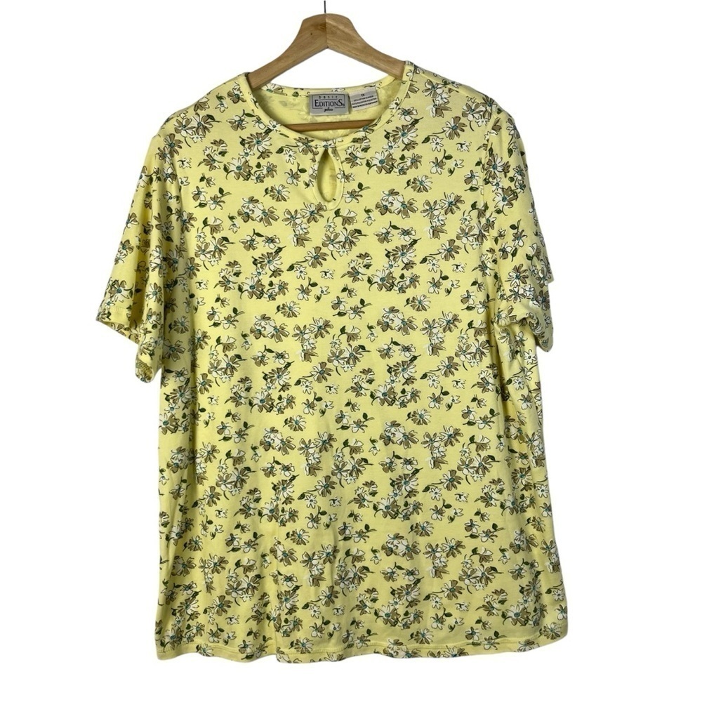 Basic Editions Yellow Floral Short Sleeve Top 1X‎